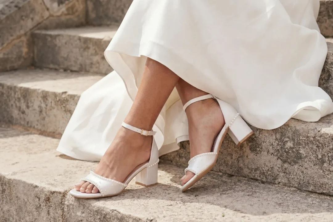 Escarpins de mariée avec plateforme perle et talon bloc de 7 cm, blanc et ivoire – Lovin Bridal Anna