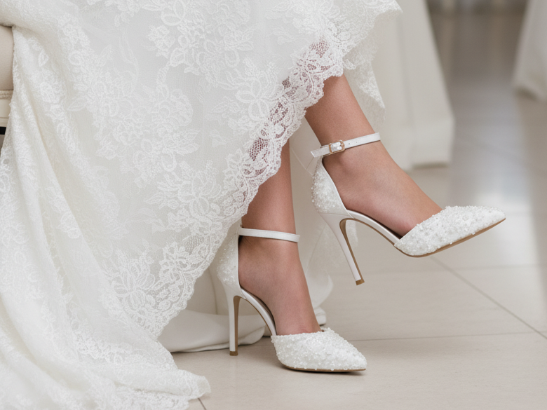 Escarpins de mariée en dentelle à talon de 10 cm en blanc et ivoire – Lovin Bridal Sienna