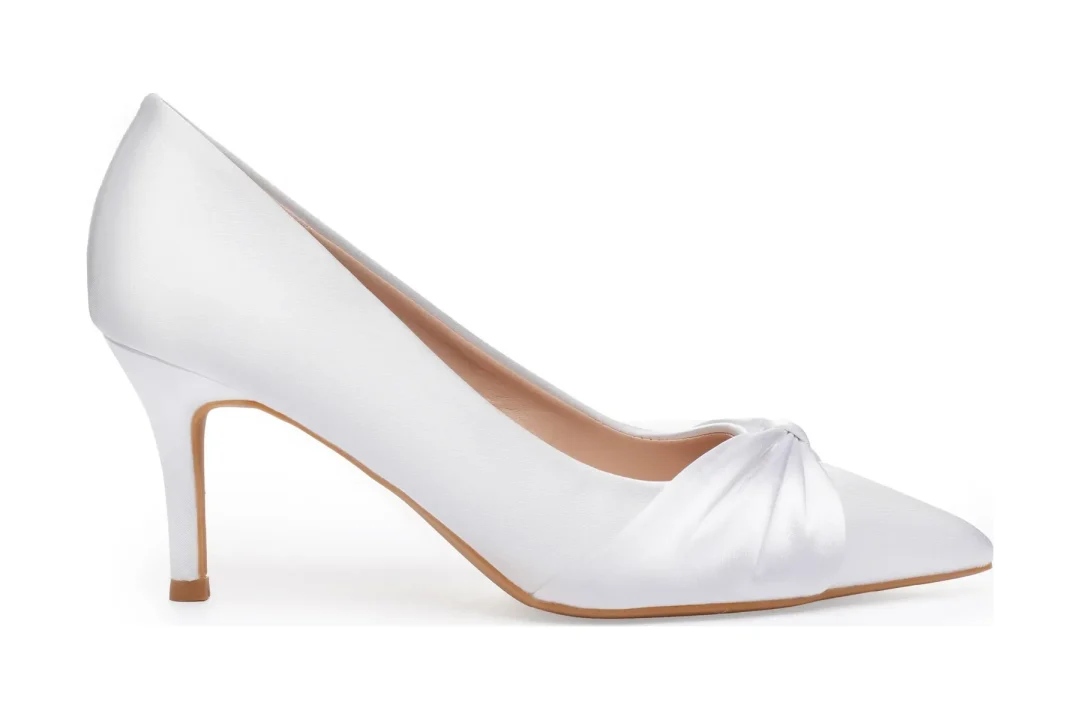 Escarpins de mariée mi-hauteur blancs avec nœud, talon de 7,5 cm – Selene, Lovin Bridal